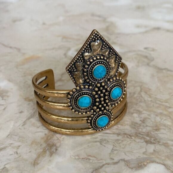 Lucky Brand Gold Tone Faux Turquoise Boho Cuff Style Bracelet - Picture 2 of 9